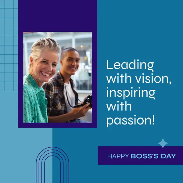 Composite of diverse boss with coworker smiling and happy boss\'s day text. Leading with vision, inspiring with passion, national boss day, appreciation, hard work and celebrate concept.