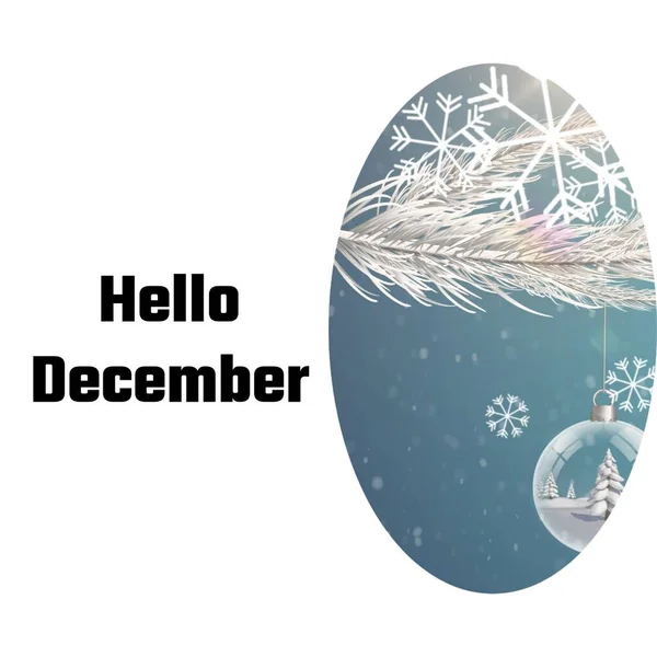 Olá Texto Dezembro Branco Com Bugigangas Natal Árvores Flocos Neve — Fotografia de Stock