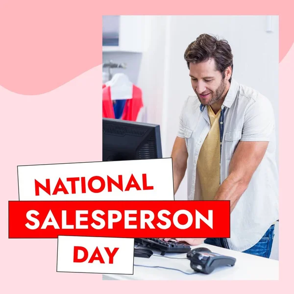 Composite of national salesperson day text and caucasian smiling salesman working over computer. Business, technology, profession, appreciation, poster, greeting and celebration concept.