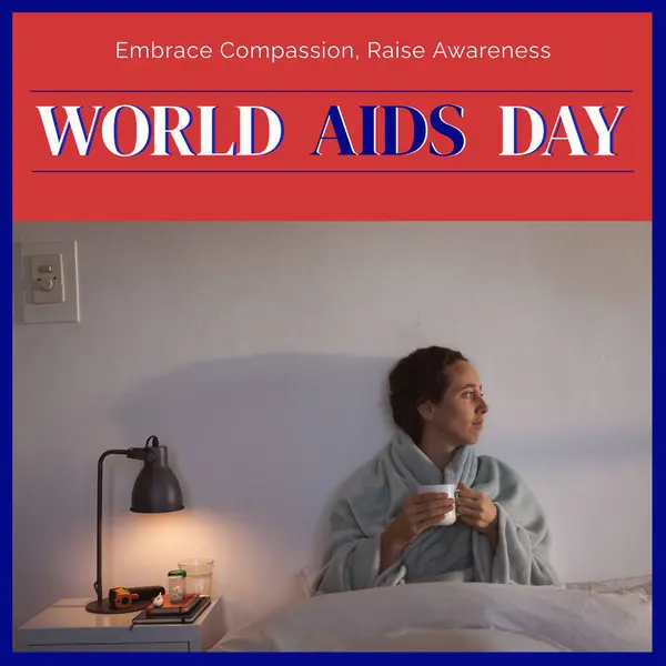 Composite of world aids day and sad caucasian woman in bed on white background. World aids day, awareness and health concept digitally generated image.