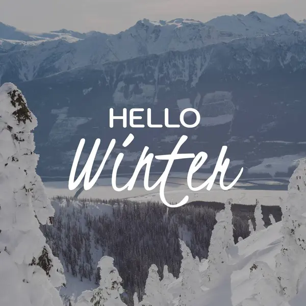 Hello winter text in white over snow covered mountain scenery at christmas time. Celebration of winter, nature, weather, greeting and christmas season, digitally generated image.