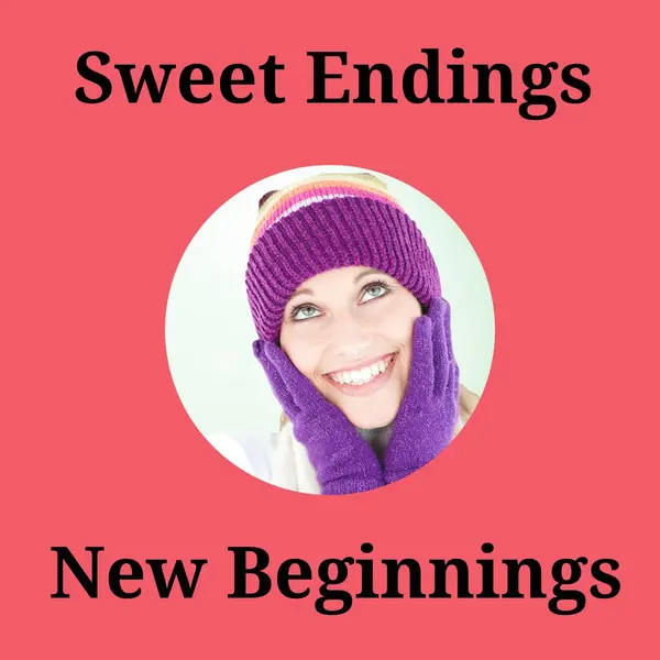 Sweet endings, new beginnings text with happy caucasian woman in wooly hat and gloves at christmas. Celebration of winter, seasonal greeting and christmas traditions, digitally generated image.