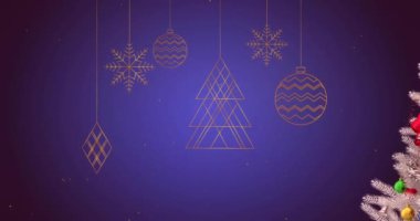 Mutlu noel metninin mücevher üzerinde, çelengin üstünde çelengin üstünde mavi arka planda canlandırılması. Dijital kompozit, çoklu pozlama, dekorasyon, tatil, kış ve kutlama konsepti.