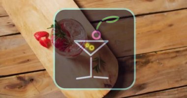 Neon kokteyl ikonu ve ahşap arka planda kokteyl animasyonu. Parti, içki, eğlence ve kutlama konsepti dijital olarak oluşturulmuş video.