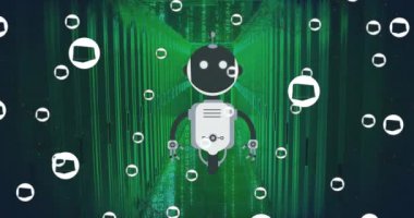 Ai chat robotlarının animasyonu ve bilgisayar sunucusu arkaplanındaki simgeler. Dijital olarak oluşturulmuş küresel yapay zeka, bağlantılar, iletişim ve dijital arayüz kavramı.