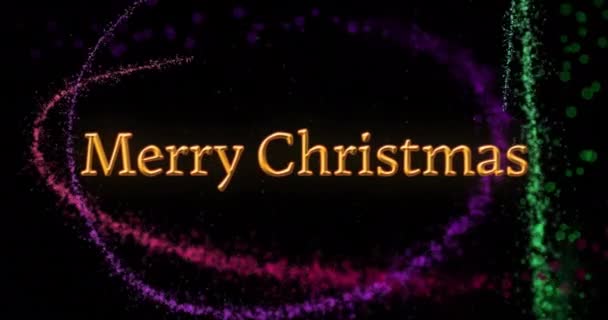 ブラックバックに輝く光の上のメリークリスマステキストのアニメーション クリスマス お祝いのコンセプトデジタル生成ビデオ — ストック動画