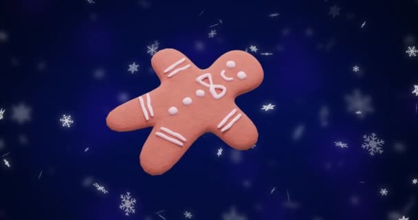 Анимация Приготовления Имбирного Хлеба Снегу Падающем Голубом Фоне Рождество Традиции — стоковое видео