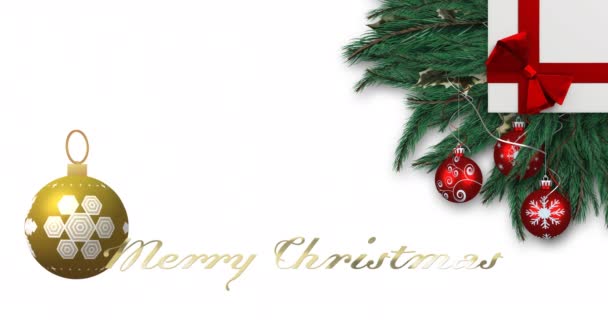 Animation Von Fröhlichen Weihnachtstexten Und Christbaumkugeln Auf Weißem Hintergrund Weihnachten — Stockvideo