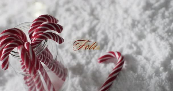 Feliz Navidad Testo Con Bastoncini Zucchero Natalizio Sfondo Neve Natale — Video Stock
