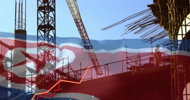 Animering Diagram Och Nordkoreas Flagga Över Byggarbetsplatsen Global Business Patriotism — Stockvideo
