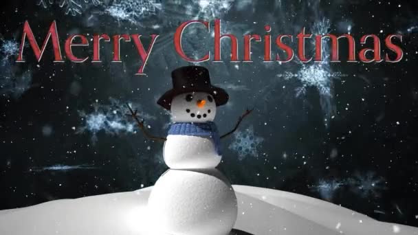 Animation Merry Christmas Text Snow Falling Snowman Christmas Winter Scenery — Stock Video