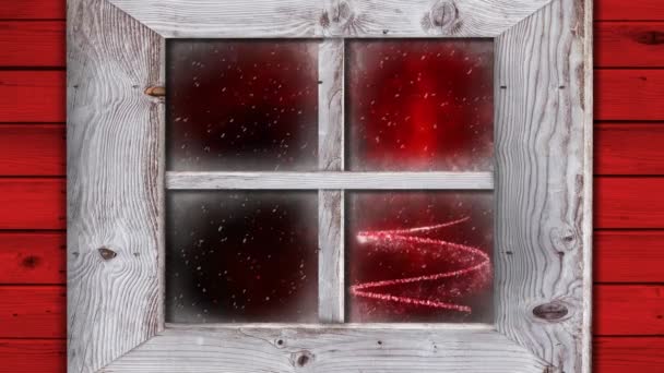 Анимация Окна Над Падающим Снегом Светлые Пятна Образующие Рождественскую Елку — стоковое видео