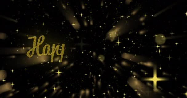 Анімація Щасливого Новорічного Тексту Над Сяючими Вогнями Чорному Тлі Напередодні — стокове відео
