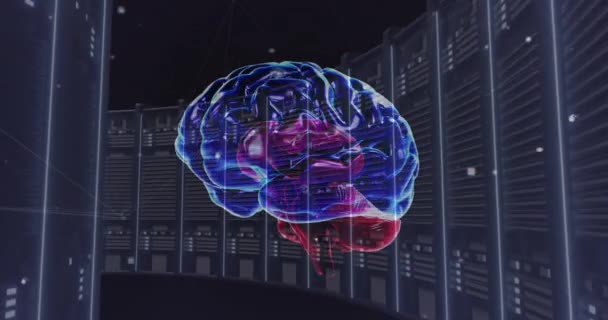 Анимация Человеческого Мозга Над Компьютерными Серверами Концепция Глобального Облачного Вычисления — стоковое видео