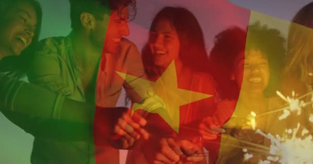 Animation Der Flagge Kameruns Über Verschiedenen Freunden Mit Wunderkerzen Strand — Stockvideo