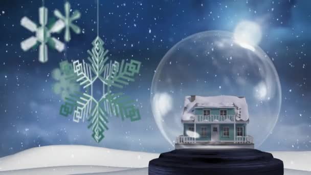 Animazione Globo Neve Neve Che Cade Sfondo Blu Natale Tradizione — Video Stock