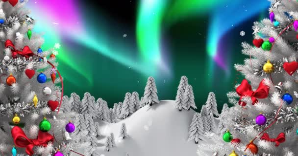 Animatie Van Sneeuwval Aurora Borealis Kerstbomen Winterlandschap Achtergrond Kerst Traditie — Stockvideo