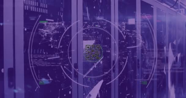 Анімація Сканування Прицілу Сканеру Коду Неонового Сплетіння Мереж Проти Серверної — стокове відео