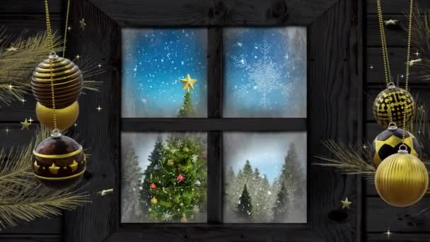 Balançando Bugigangas Pretas Douradas Sobre Janela Com Árvore Natal Neve — Vídeo de Stock