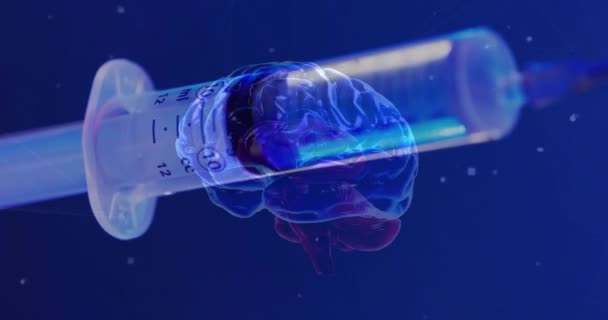 Animación Del Cerebro Humano Sobre Jeringa Sobre Fondo Azul Ciencia — Vídeos de Stock