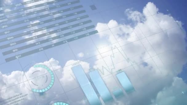 Animação Interface Infográfica Sobre Avião Voando Contra Céu Nublado Composto — Vídeo de Stock
