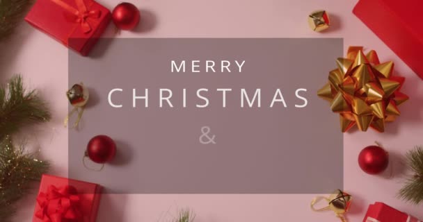 Animação Feliz Natal Texto Ano Novo Bugigangas Caixas Presente Folhas — Vídeo de Stock