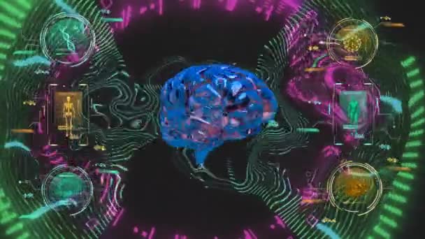 Blue Brain Medical Interface Screens Distorting Data Loading Lights Science — Stock Video