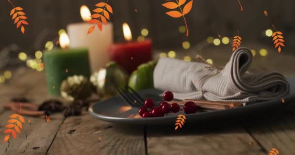 Animatie Van Herfst Bladeren Thanksgiving Diner Plaats Setting Achtergrond Thanksgiving — Stockvideo