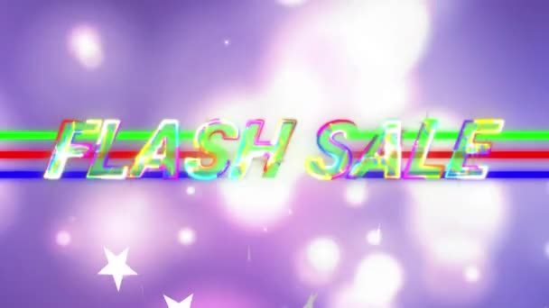 闪存销售文本上的闪电效果对紫色背景上的亮点的动画 销售折扣和零售业务概念 — 图库视频影像