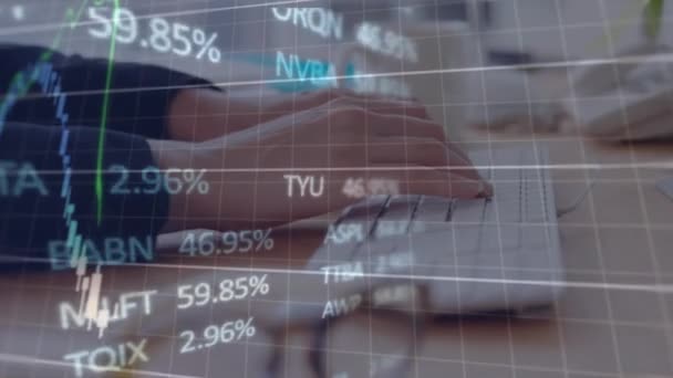 Animation Stock Market Data Processing Mid Section Woman Using Computer — Stock Video