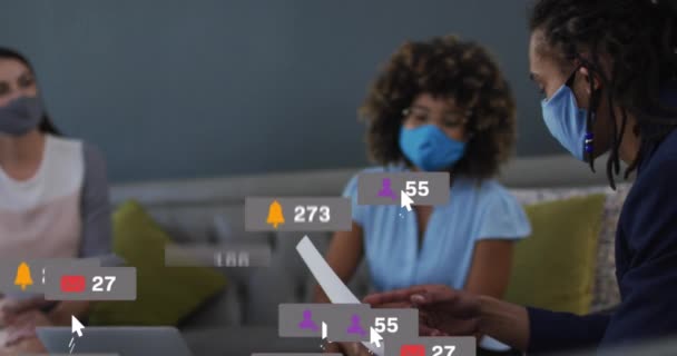 Animation Social Media Icons Diverse Colleagues Wearing Face Masks Discussing — Stock Video