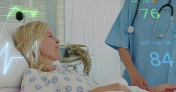 女性の医療従事者に対する心拍数モニターのアニメーションは 慎重な女性患者を調べる 医療技術コンセプト — ストック動画