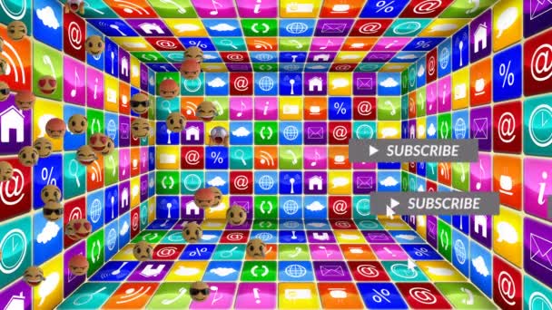 在五颜六色的正方形和社交媒体图标上 用情感符号来动画社交媒体文本 社交媒体 通信和数字接口概念 — 图库视频影像