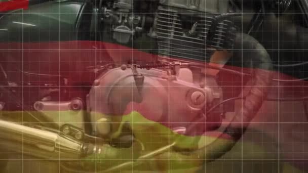 红色图表的动画 数据处理和德国国旗在电机上的显示 全球商业 爱国主义和车辆概念数码视频 — 图库视频影像