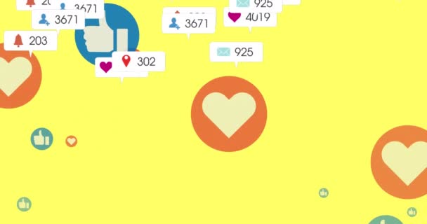 Animazione Social Media Come Amore Icone Numeri Sfondo Giallo Concetto — Video Stock