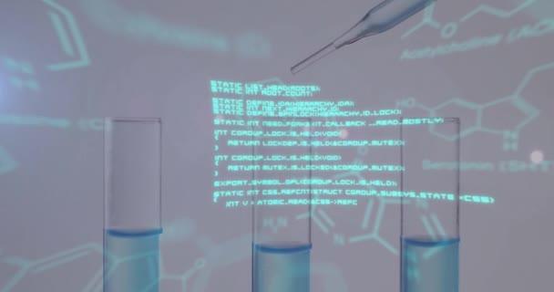 배경에 실험실 접시에 과학적 데이터 처리의 애니메이션 실험실 디지털 방식으로 — 비디오