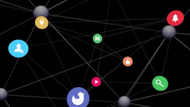 Κινούμενο Σχέδιο Δικτύου Συνδέσεων Εικονίδια Μέσων Κοινωνικής Δικτύωσης Μαύρο Φόντο — Αρχείο Βίντεο