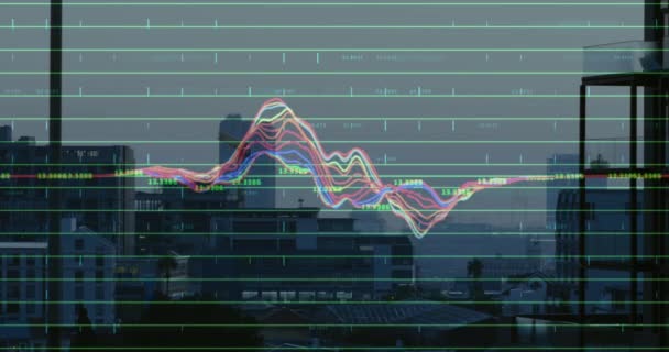 Animation Financial Data Processing Cityscape Global Computing Digital Interface Data — Stock Video