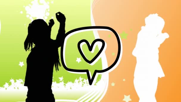 Animação Coração Bolha Fala Sobre Bailarinos Silhueta Laranja Verde Amor — Vídeo de Stock