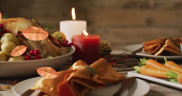 Animatie Van Herfst Bladeren Vallen Thanksgiving Diner Achtergrond Thanksgiving Amerikaanse — Stockvideo