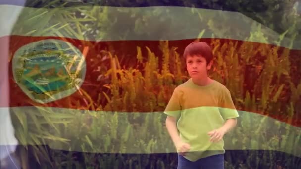 公園で息子と一緒にソーシャルボールで遊ぶ父親に対するコスタリカの旗を振るアニメーション 愛国主義と父性の概念 — ストック動画