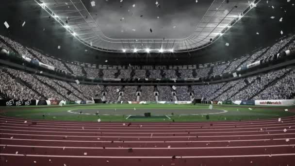 Spor Stadyumu Manzarasına Karşı Düşen Siyah Beyaz Konfeti Animasyonu Spor — Stok video