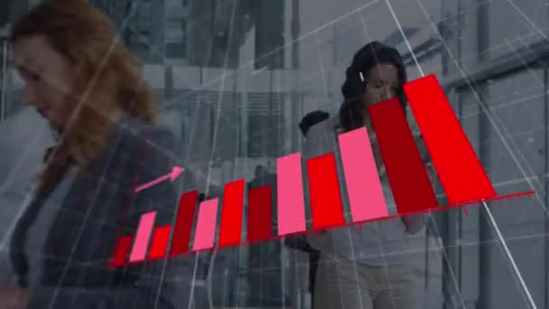 Animation Arrow Growing Bar Graphs Diverse People Using Cellphones Digital — Stock Video