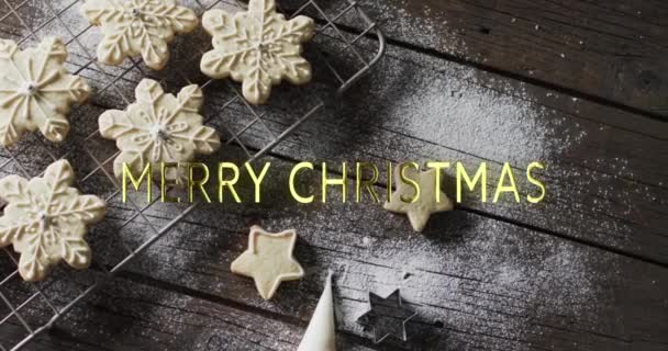 Joyeux Noël Texte Jaune Sur Des Biscuits Flocons Neige Sur — Video