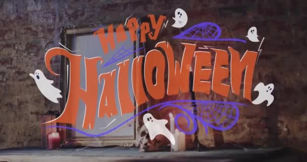 ハッピーハロウィーンのテキストは レンガの壁の背景に幽霊と鏡の上に描かれています ハロウィーン お祝いのコンセプトデジタル生成ビデオ — ストック動画