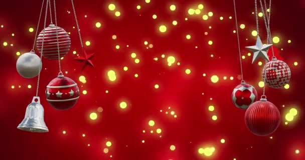 Анимация Рождественских Безделушек Пятен Света Падающих Красный Фон Рождество Традиции — стоковое видео
