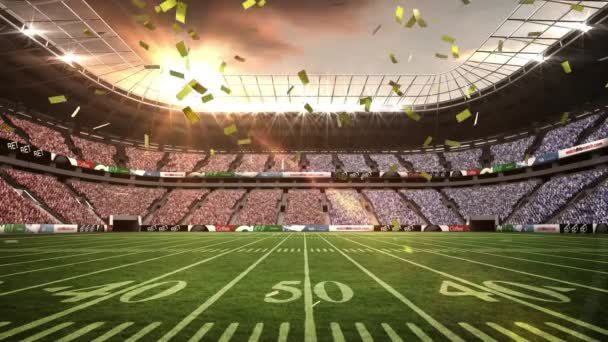 Animação Confetes Dourados Caindo Contra Vista Estádio Rugby Torneio Esportes — Vídeo de Stock