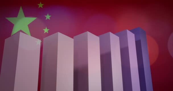 金融データ処理のアニメーション 点滅するライトの上の中国の旗 グローバルビジネス データ処理 グローバルエコノミーのコンセプトをデジタル生成したビデオ — ストック動画