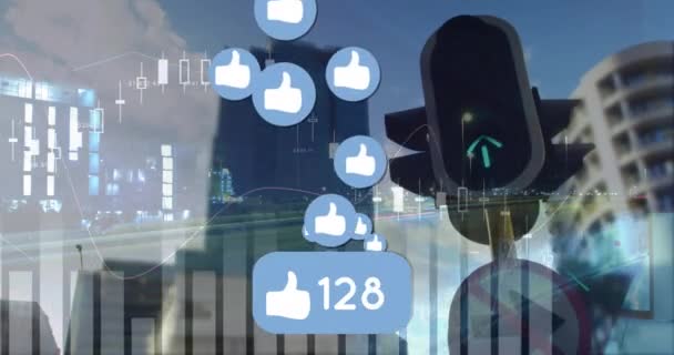 Animatie Van Social Media Gegevensverwerking Stadsgezicht Mondiaal Computer Digitaal Interface — Stockvideo