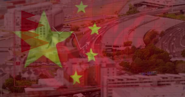 Çin Bayrağı Animasyonu Şehir Manzarası Üzerinde Işlenen Finansal Veri Küresel — Stok video